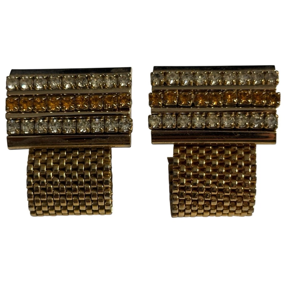 Vintage Cufflinks Yellow & Clear Rhinestone Gold Tone Mesh Wrap Around MCM Retro